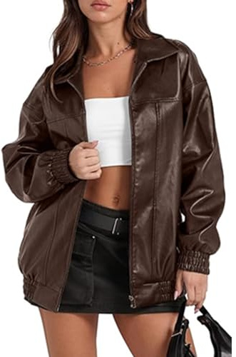 xxxiticat Veste surdimensionnée en cuir PU pour femme Mode Manteaux de moto Tenues d'hiver Vêtements Faux daim Fermeture éclair Manteau Vêtements d'extérieur, Couleur café., XXL