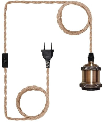 Chao Zan Portalampada E27 con Interruttore Lampada Lampada a sospensione in corda di canapa, Kit vintage con interruttore a spina Testa paralume vintage kit di supporto E27 per Soffitto da Ter (A)