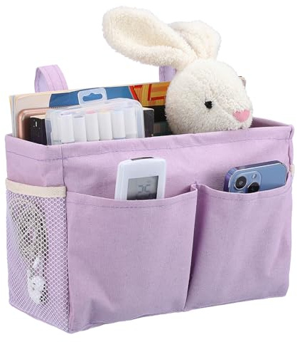 IGNPION Canvas Bedside Hanging Storage Baskets, Bed Organiser Caddy Pockets | Mulit-purpose Hanging Storage Bag for Home Chair Office Dormitory Hospital, Adjustable Hanging Tape, Purple