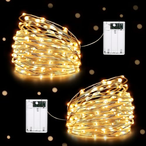 HeiPard Guirlande lumineuse avec 10m 100 LED et des piles en fil de cuivre, 2 modes pour l'éclairage intérieur et extérieur, jardin, mariage, fête, Noël, décoration lumineuse (blanc chaud, 2 pièce)