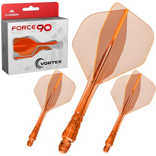 Mission Darts | Force 90 Vortex | Système intégré de plume et tige de fléchette moulées avec précision | Plusieurs styles | Plusieurs couleurs. (Standard No2 – Court, orange fluo transparent)