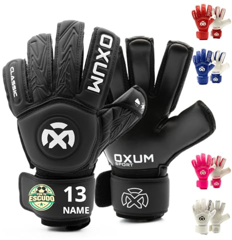 OXUM Guantes de Portero Classic Personalizados para Niños y Niñas – Añade Nombre, Número y Bandera o Escudo – Guantes de Fútbol Infantiles con Gran Agarre y Ajuste Cómodo (Negro 6)
