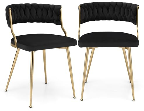 TANGZON Dining Chairs Set of 2, Velvet Upholstered Kitchen Chairs with Woven Backrest, Metal Legs & Adjustable Foot Pads, Reception Accent Chairs for Home Kitchen Dining Living Room Lounge (Black)