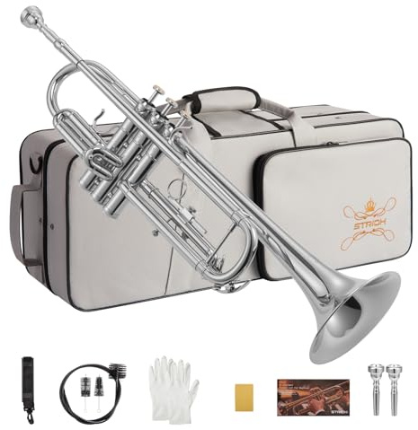 STRICH Bb Standard Trumpet Set for Beginners, Brass Student Trumpet Instrument with Hard Case, Cleaning Kit, 7C & 3C Mouthpieces, Gloves - STR-1S, Silver