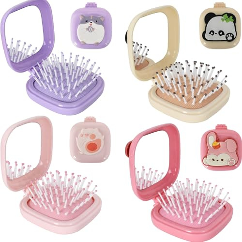 Set de 4 Cepillos Plegables: Mini Cepillos Cuadrados, Peines con Colchón de Aire, Diseños de Dibujos Animados, Set de Cepillos Portátiles con Espejo, Ideal para Viajes, Masajea el Cuero Cabelludo