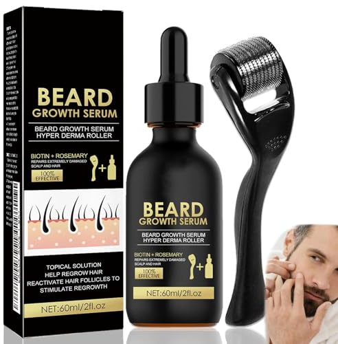 Beard Growth Kit with Derma Roller & Serum for Men | Rapid Growth & Thickening with Natural Ingredients - Grooming Kit & Gifts for Dad