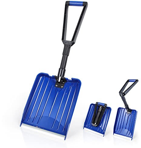 Pala de nieve plástica plegable portátil, pala deportiva liviana deportiva para automóvil, empuñadura de goma D (negro/azul, longitud: 36-80cm, hoja de plástico reforzado: 33 cm x 28 cm)