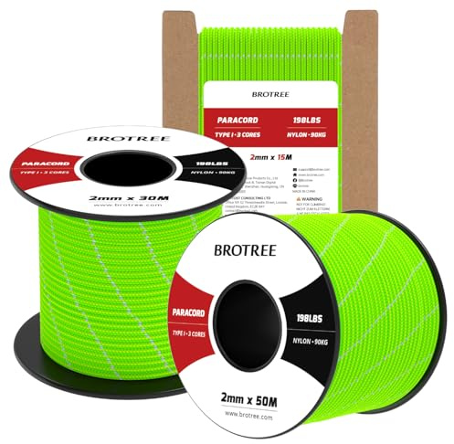 Brotree Paracord 2mm 50M 100% Nylonrep 3 Trådar Typ I Snöre för Utomhus, Hundkoppel, DIY, Hantverk - 90kg Brottlast (Reflekterande Neongrön)