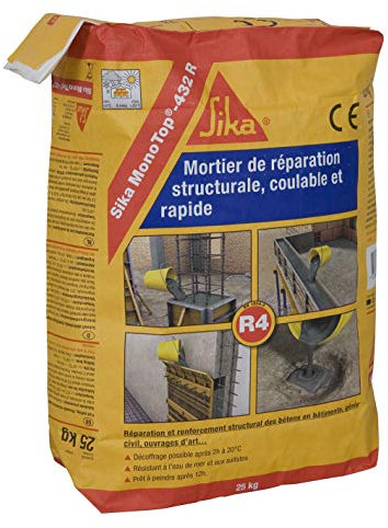 SIKA - Mortier de réparation structurale, coulable et rapide (R4) MonoTop 432R Gris Béton - Réparation et renforcement structural des bétons en bâtiments, génie civil, ouvrages d'art - 25kg