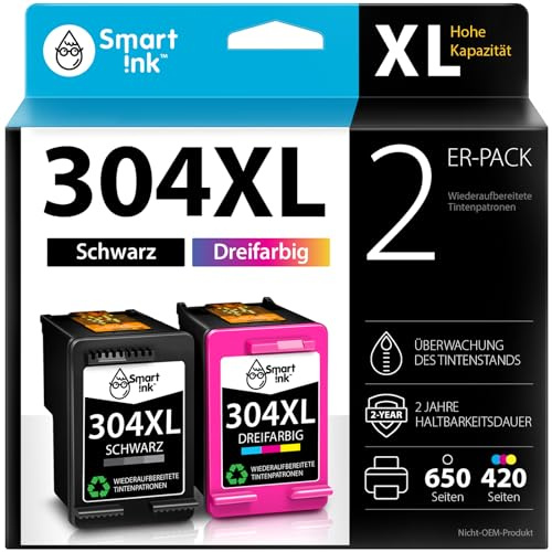 Smart Ink Remanufactured Ink Cartridges Replacement for HP 304 XL 304XL (Black and Colour) for HP Printer Envy 5020 5000 5010 5030 5032 DeskJet 2600 3760 2630 2620 2632 3700 3720 2622 (2 Combo Pack)
