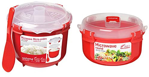 Sistema Microwave Rice Cooker | 2.6 L | Dishwasher Safe Small Rice Cooker | BPA-Free | Red & Microwave Round Bowl | Microwave Food Container | 915 ml | BPA-Free | Red/Clear