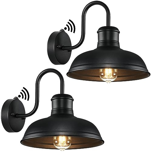 2-Pack Dusk to Dawn Outdoor Wall Sconces, Exterior Farmhouse Gooseneck Barn Light, Vintage Matte Black Outside Wall Mount Light Fixture, Anti-Rust Waterproof Outdoor Light for House Porch Garage