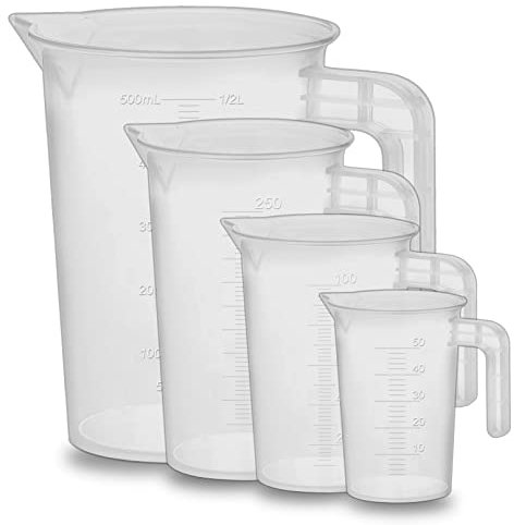 WOEIEOW Messbecher Set 4-teilig, Transparent Mit Griff, 50ml 100ml 250ml 500ml, Hitzebeständig Präzisions Messbecher für Labor Küche Garten Reiniger