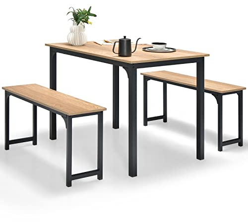 COSTWAY Dining Table Set with 2 Benches, 3 PCS Breakfast Table and Benches with Anti-slip Foot Pads, Space-Saving Kitchen Dinette Table Furniture Set for 4 People Small Space (Nature+Black)