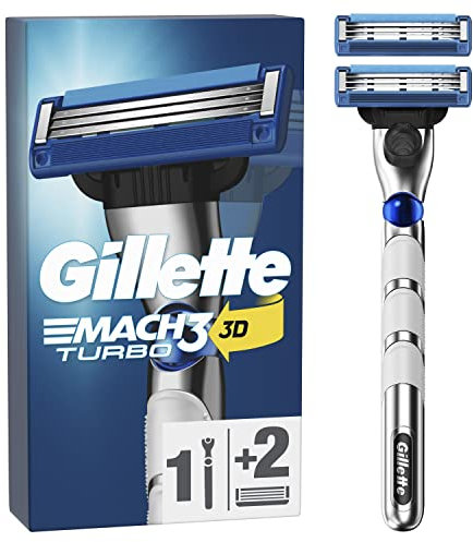 Gillette Mach3 Turbo Rasoir Pour Homme, Rasoir À 3 Lames, 1 Manche, 2 Recharges De Lames, Avec Manche 3D