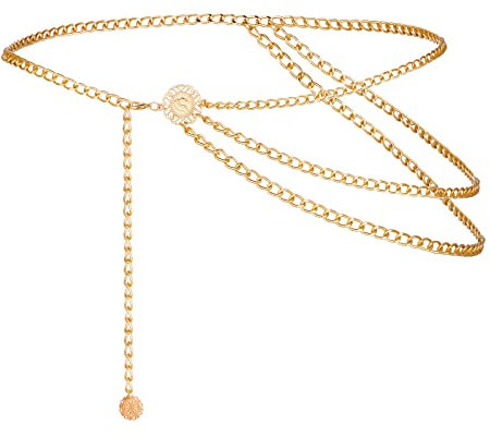 Lusofie Taillenkette Damen Gold Metall Kettengürtel Mehrschichtig Verstellbarer Körperkette Vintage Damen Mädchen Kleid Jeans Taillenkette 130cm