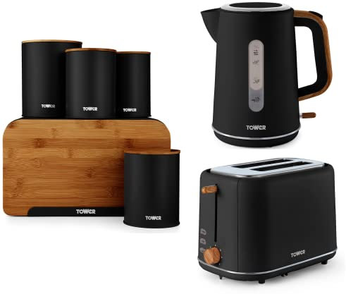 Tower Scandi Black Jug Kettle, 2 Slice Toaster, Bread Bin, 3 Canisters & Biscuit Barrel. Scandinavian Inspired Design Matching Kitchen Set of 7