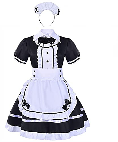 MALAYAS Franskt hembiträde tjusigt klännings set, halloween, dam, traditionell, Alice, maskeraddräkt, 4 st i ett set inklusive klänning, förkläde, falsk krage, (svart, storlek S)