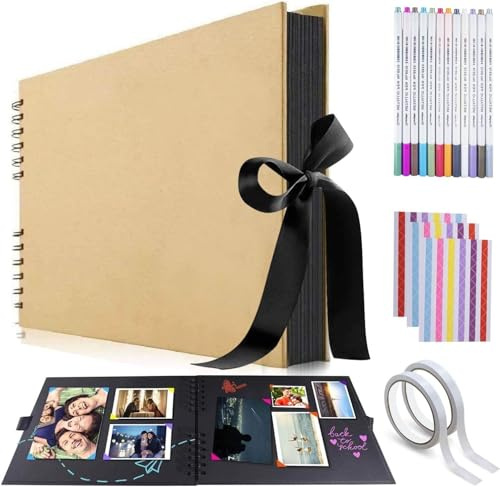 Photo Albums, Scrapbook Photo Albums with 12 Metallic Marker Pens DIY Memory Album 80 Pages A4 Craft Paper 12.6x8.3inch for Family Wedding Anniversary Baby Gift (Brown with Box)