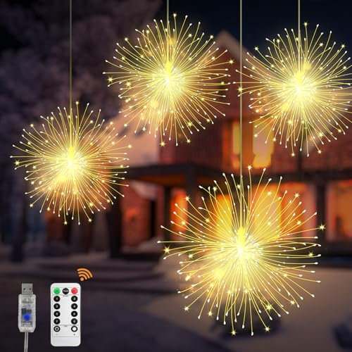 CNMTCCO Ghirlanda di luci natalizie, confezione da 4 luci USB da appendere, 480 pezzi, 8 modalità, luci a sfera impermeabili in filo di rame, adatte per casa, Natale, Halloween, feste all'aperto