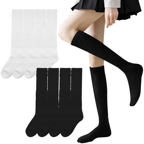 VEGCOO 4 Paires Chaussettes Hautes Montantes - Femme, Empilées, Longues, Souples et Chaudes (noir*2 + blanc*2)