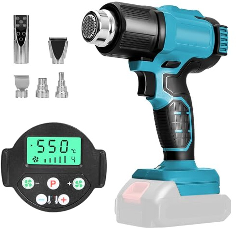 Trådlös värmepistol varmluftspistol kompatibel med Makita 18 V-batteri, max 550 ° C (550 °C) 2-3s snabb uppvärmning, med 5 munstycken för krymprör, vinylförpackning, hantverk, elektronik (inget