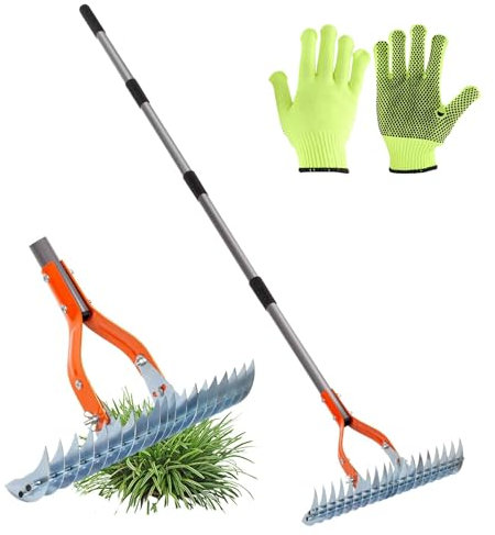 Rastrillo de paja de 15 pulgadas para jardín, rastrillo ajustable resistente para jardinería, rastrillo robusto de metal de acero eficiente con mango para limpiar la hierba muerta y voltear el suelo