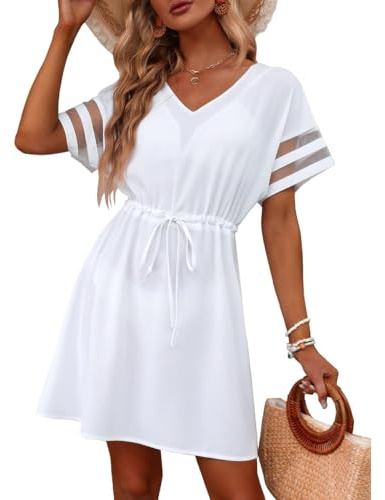 XFSRG Donna Copricostumi Scollo a V Coulisse Chiffon Copricostume Spiaggia Mare Bikini Cover Up Tunica Costume Bagno Estate Abito Interi Beachwear Beach Dress（Bianco,M）