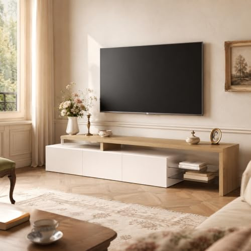 OLIVIBED TV-bord med förvaringsutrymme, TV-bord med 3 dörrar och glashyllor, TV-konsol för TV-apparater upp till 85 tum, TV-skåp för vardagsrum, vit, 200 x 39 x 42 cm