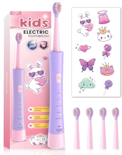 JTF Kids Electric Toothbrush 3-6-12, 4 Brush Heads, 5 Modes, Timer, Funny DIY Stickers, 2 Hours Charge for 45 Days, IPX7 Waterproof Toddler Rechargeable Childrens Sonic Toothbrush for Girls Boy Junior