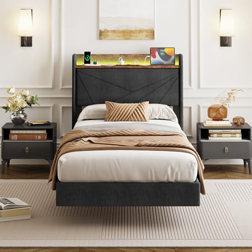 IRONCK Polsterbett 90x200 cm, Bett 90x200 mit LED-Beleuchtung und Ladestation (2 AC-Steckdosen, USB+Typ-C Anschlüsse), Bettgestell mit Stauraum, Schwebebett Einzelbett mit Lattenrost, Leinen, Grau