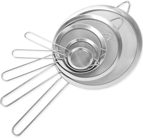 Sieb, Küchensieb Edelstahl Set mit fünf verschiedenen Größen, Feines Sieb für tägliches Kochen und Backen, Ideal zum Sieben trockener Zutaten und Abtropfen von Flüssigkeiten, 12 cm 10 cm 8 cm 7 cm 6 c