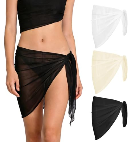 TranRantic 3 Pièces Pareo Femme Plage, Jupe de Plage Femme Légère | Beachwear Semi Transparent en Mousseline, Cache-maillots et Sarongs Femme pour la Piscine et les Vacances d’Été (3 Couleurs)