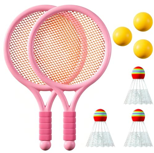 Ensemble de raquettes de tennis pour enfants, 2 raquettes, 3 balles de badminton, 3 balles de tennis, convient pour les sports d'extérieur et d'intérieur (rose)