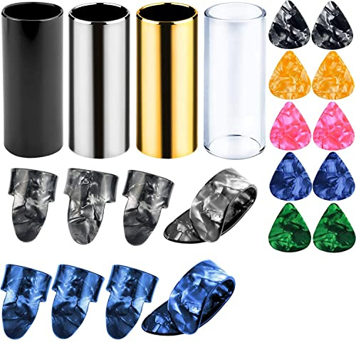 Augshy 4 Pieces Medium Guitar Slides for Acoustic,Stainless Stell Guitar Slides for Electric,Glass Guitar Slide and 8 Pieces Plastic Thumb & Finger Picks Guitar Accessories