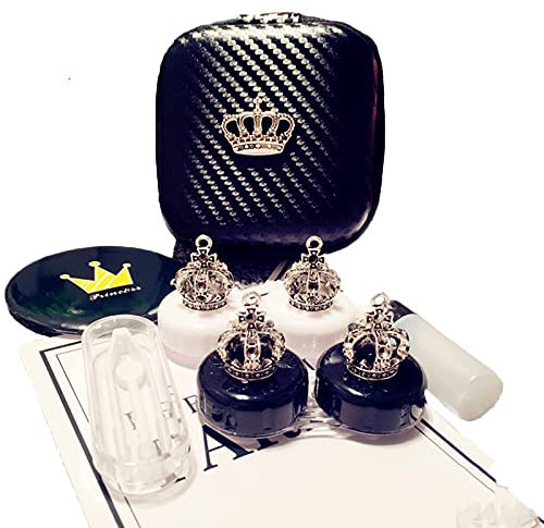 HUNWEY 2 pack- Fashion Contact Lens Case Cute Crown Black White Leak Proof - Portable Box Kit with Mirror (2 pack - Crown)