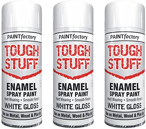 Paint Factory White Enamel Spray Paint - 3 x 400ml Can for Metal, Wood & Plastic, Interior & Exterior Tough Stuff White Gloss Smooth Finish All Purpose
