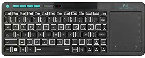 Rii K18S Clavier sans Fil Français (AZERTY) Clavier de Bureau Multi fonctionnel avec Souris Tactile de Grande Taille Intégrée Wireless, Batterie Li-ION Rechargeable (Bluetooth & 2.4 GHz)