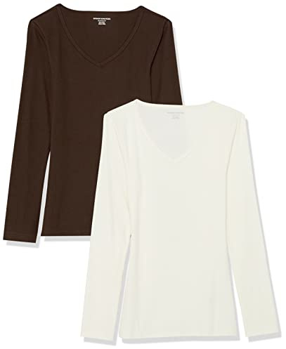 Amazon Essentials Camisas de Manga Larga con Cuello en V Acanalado y Corte Ajustado (Disponibles en Tallas Grandes) Mujer, Pack de 2, Cáscara de Huevo/Expresso, XL