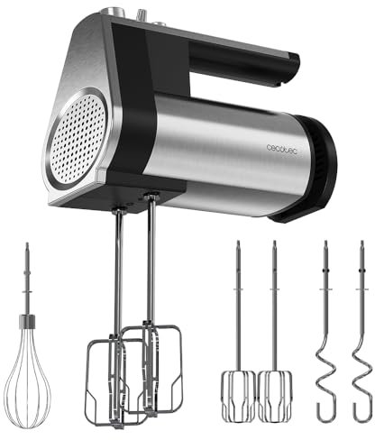 Cecotec Batidora de Varillas PowerTwist 500 Full Steel. 500 W, 5 Velocidades más Función Turbo, 3 Accesorios: Varilla de Globo, Varillas Batidoras y Garfios Amasadores, Diseño Ergonómico, Acero