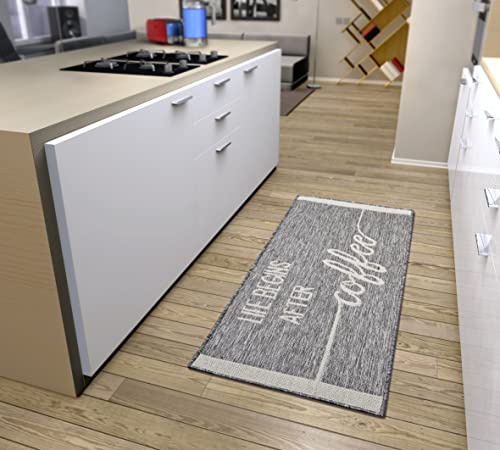 HANSE Home Life Begins After Coffee - Tappeto da cucina con scritta, antiscivolo, facile da pulire, robusto, certificato Öko-Tex per cucina, corridoio, sala da pranzo, 62 x 150 cm