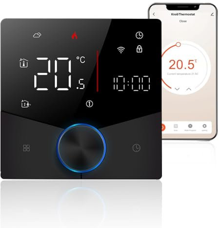 Decdeal WiFi Thermostat für Wasser Fußbodenheizung Und Gas Boiler Steuerung,kompatibel Alexa, Google Home Und Smart Life-App Fernbedienung,mit Drehknopfsteuerung Raumthermostat,2.4GH-WLAN 3A(schwarz)