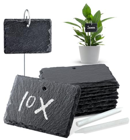 WLWNWFT Pflanzenschilder zum Beschriften 10er Set, Schiefer Pflanzschilder für Draussen, Schilder aus Schiefer inkl. Kreidestift, Pflanzenstecker für Kräuter, Samen, Blumen, Gemüse, 10 x 7 cm