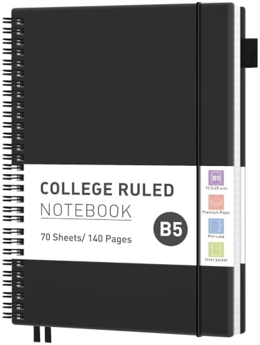 RETTACY B5 Spiral Notebook, Lined Journal, Notepad, 140 Pages, Black | Flexible Plastic Cover Note Book, 100 GSM College Ruled Paper, with Pocket, Pen Loop, Ruler & Bookmark - 19 × 25 cm