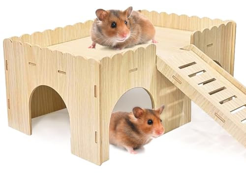 Large Wooden Guinea Pig House, 4 Entrances Small Animal House Bed Hut Habitats with Stairs for Hamsters Bunny Chinchillas Hedgehog Playing Hiding