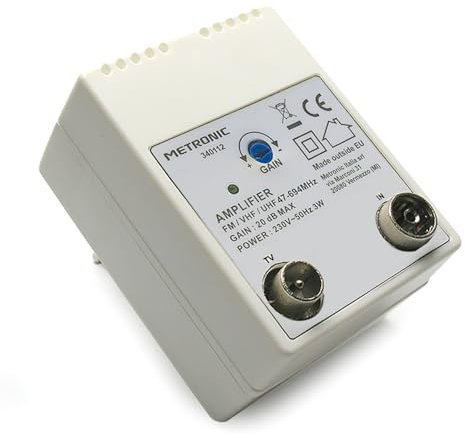 Metronic 340112 Amplificatore TV Fm/Vhf/Uhf da Rete per Digitale Terrestre con Filtro 5G, 20Db Regolabili, 1 Ingresso/1 Uscita, Bianco