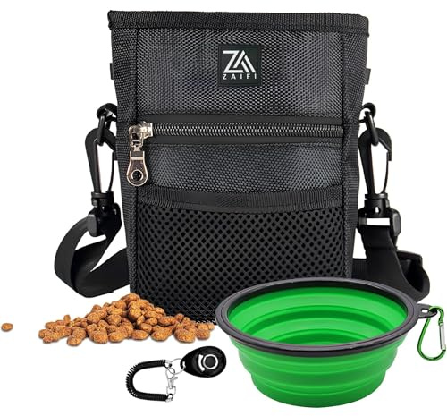 Zaifi 3 Cup Dog Treat Pouch and Training Clicker, Dog Walking Bag Waterproof with Collapsible Bowl, Built-in Poop Bag Dispenser, 3 Ways Wear Pet Bumbag with Drawstring Clouser, Mesh Pocket & Belt Clip