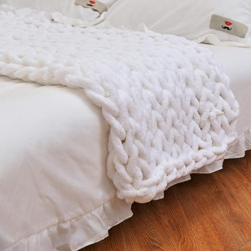 Care Spring Chunky Knit Blanket Throw, Soft Chenille Yarn Throw Blanket, Handmade Thick Cable Knit Crochet Blanket, Large Knit Chunky Throw Blanket for Bed, Sofa, Home Decor,White,50X50cm