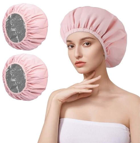 AOGOE Cuffia riscaldante, 2PCS Cuffia da Doccia Impermeabile Riutilizzabile, Doppio Strato Cuffie Capelli con Elastici, Cuffia da Bagno per Donna Spa Salone Viaggi Hotel Casa, Materiale EVA