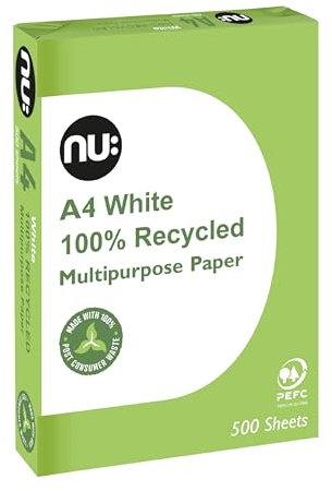 nu: A4 Recycled Multipurpose Paper | White | 500 Sheets | Smooth Surface | Suitable for Inkjet, Laser & Copier Use | Ideal for Home & Office